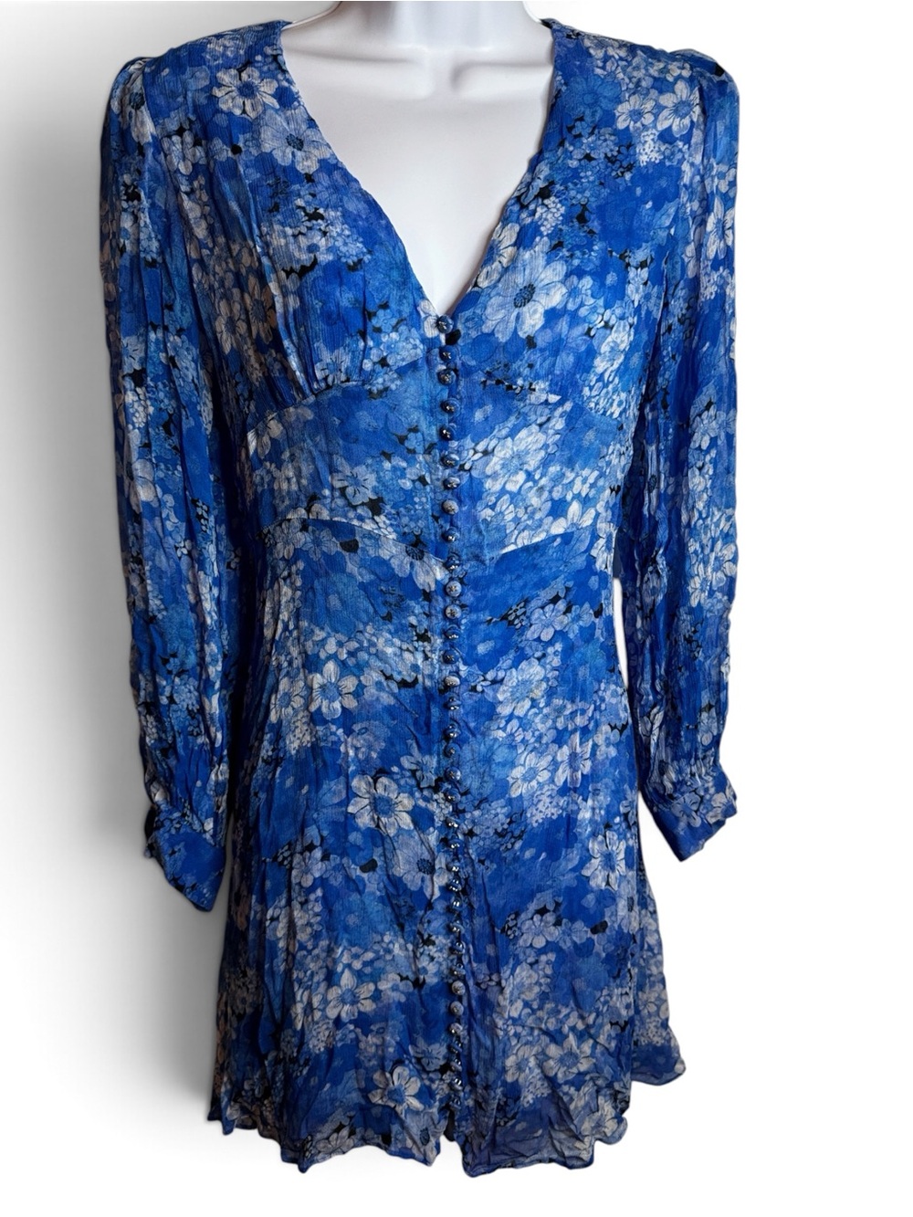 The Kooples Dress Womens 2 Blue Floral Button Front Long Sleeve Mini Dress